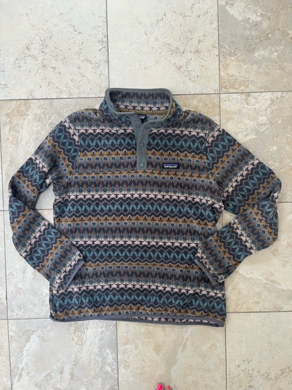 Patagonia Fleece Pullover in Teal, Mustard, Gray Pattern